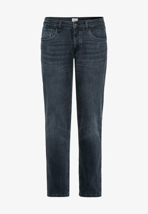 Mørkeblå denimjeans med lige snit, der har et klassisk fem-lomme-design, robust syning og en knaplukning ved taljen.