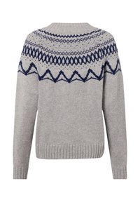 Helles graues Strickpullover mit navyblauen geometrischen und Zickzackmustern über der oberen Brust und den Schultern, gerippte Bündchen und Saum.