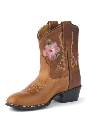 Brun skinncowboystøvel med rosa blomsterbroderi, sydd mønster på tåa og svart stablet hæl, vinklet mot høyre på hvit bakgrunn.