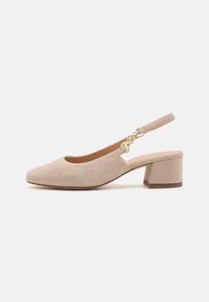 Beige suede slingback shoe with a pointed toe, a small block heel, and a gold-tone hardware accent on the strap. Smooth texture.