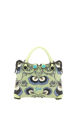Piccola borsa con manici verdi, decorata con motivi floreali blu e neri e la parola "Gabs" in blu al centro davanti.