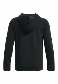 Zwarte hoodie met een kangoeroezak, een geribde zoom en manchet. Beschikt over een zachte textuur en een verstelbare trekkoordkap met een gladde afwerking.