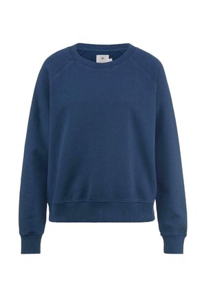 Navyblauwe sweatshirt gemaakt van zachte stof met een ronde hals, lange raglanmouwen en geribbelde manchetten en onderkant. Geen patronen of accenten.