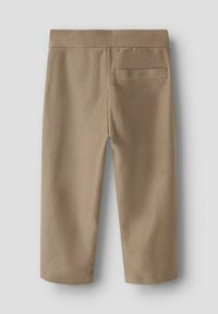 Chinos beige in tessuto a spina di pesce con texture, dotati di una tasca posteriore e cintura elastica. Lunghezza cropped con design a gamba dritta.