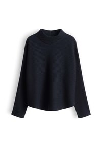 Maglione nero a coste con collo alto, maniche lunghe e design a scatola, realizzato in materiale morbido e strutturato.