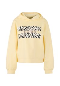 Gelber kurz geschnittener Hoodie mit einem vorderen Grafikdesign, das schwarz-weiße Zebrastr stripes und den Text "COSMIC" in fettgedruckter Schrift zeigt. Strukturierter Stoff.
