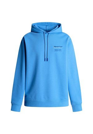 Vaaleansininen huppari, jossa etutasku, kiristysnyöreillä varustettu huppu ja vasemmassa rinnassa pieni "World Tour Red Bull Racing" -logo.