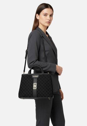 Borsa nera con motivo texturizzato e finiture in oro. Dotata di doppi manici e tracolla rimovibile per opzioni di trasporto versatili.