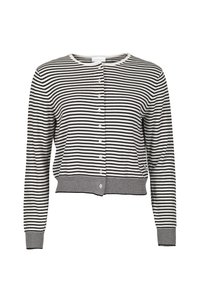 Cardigan à manches longues à rayures horizontales noires et blanches, avec boutons sur le devant, encolure ronde, et poignets et ourlet côtelés.