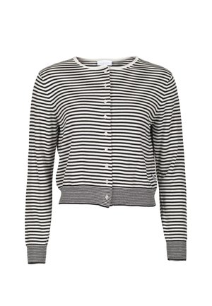 Schwarz-weiß gestreifte Strickjacke mit langen Ärmeln, durchgehenden Knöpfen vorne, rundem Ausschnitt sowie gerippten Bündchen und Saum.