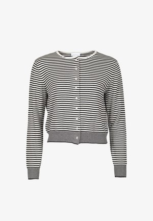 Schwarz-weiß gestreifte Strickjacke mit langen Ärmeln, durchgehenden Knöpfen vorne, rundem Ausschnitt sowie gerippten Bündchen und Saum.