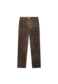 Pantaloni din velur în nuanțe de brun, cu un model texturat în diverse tonuri, croi drept, cu buzunare frontale și închidere cu buton.