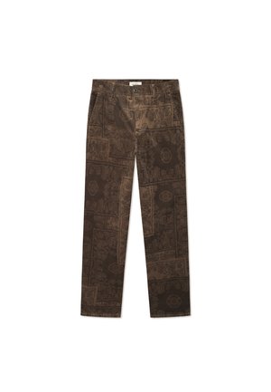 Bruine corduroybroek met een textuurpatroon in verschillende tinten, rechte snit, voorzakken en een knoopsluiting.