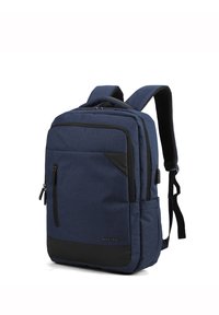 Navy fabric backpack with a structured design, black accents, multiple compartments, and padded straps for comfort. Zippered front pocket.