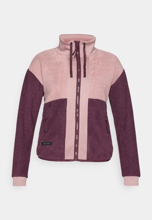 Women's fleece jacket with full front zipper, drawstring collar, side zip pockets, and color blocks in light pink and dark purple.