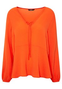 Maglietta arancione a maniche lunghe con scollatura a V e dettaglio a fiocco. Texture morbida, vestibilità rilassata e maniche arricciate. Adatta per l'abbigliamento casual.