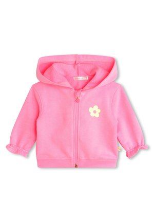 Felpa rosa con zip realizzata in morbido cotone, con una grafica di fiore giallo sulla parte frontale, polsini elasticizzati e cappuccio foderato.
