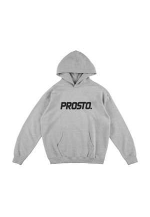 Szara bluza z kapturem wykonana z mieszanki bawełny, z dużą kieszenią kangurzą i dużym czarnym logo "PROSTO." z przodu.