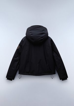 Black insulated jacket with a hood, elastic cuffs, and pull string at the hem. Features a round logo patch on the left sleeve. Smooth texture.