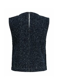 Melnas bez piedurkņu tweed veste ar plankumainu tekstūru un mazu atvērumu aizmugurē, ko fiksē poga ap kaklu.