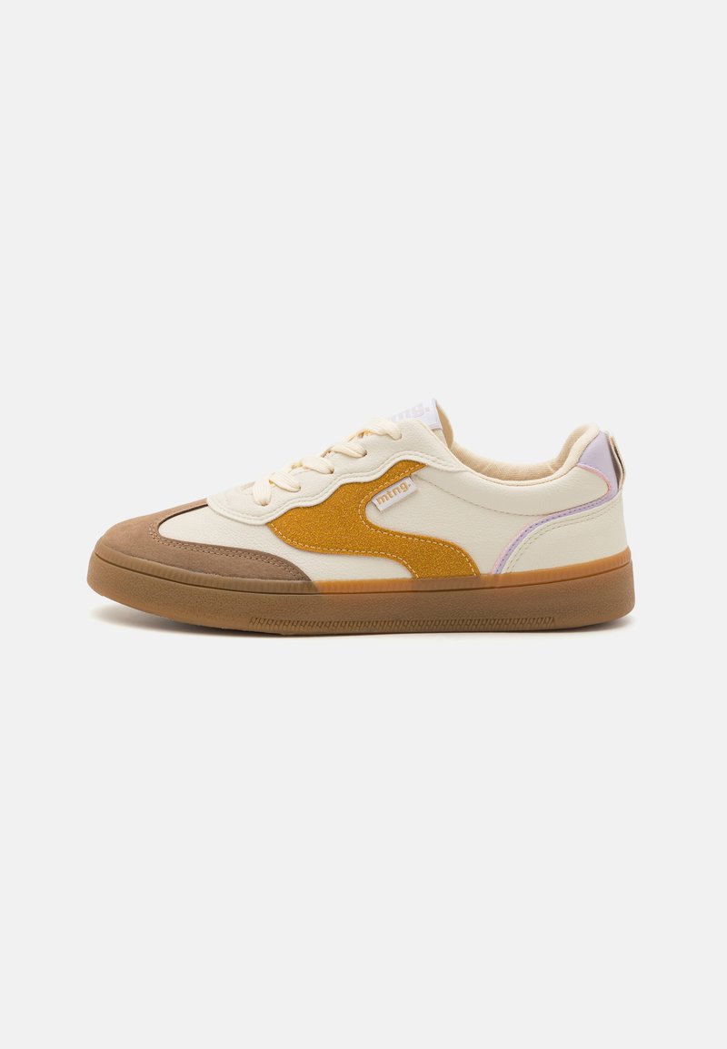 Sneakers with a cream fabric upper, orange suede accents, and brown rubber sole; features round toe and lace-up closure.