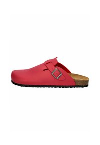 Red closed-back clog made of smooth material with a silver buckle accent. Cork footbed and black rubber sole with textured grip.