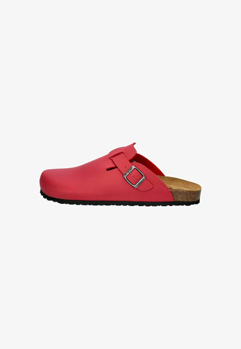 Red closed-back clog made of smooth material with a silver buckle accent. Cork footbed and black rubber sole with textured grip.