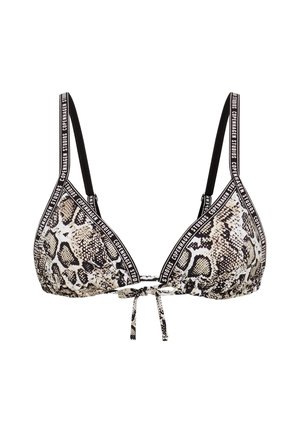 Top de bikini triangular con estampado de piel de serpiente en beige y negro, tirantes ajustables negros y texto "Copenhagen Studios" en el ribete y los tirantes.
