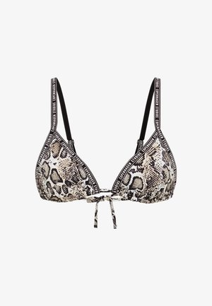 Háromszög alakú bikinifelső bézs és fekete kígyóbőrmintával, fekete állítható pántokkal, valamint "Copenhagen Studios" felirattal a szegélyen és a pántokon.