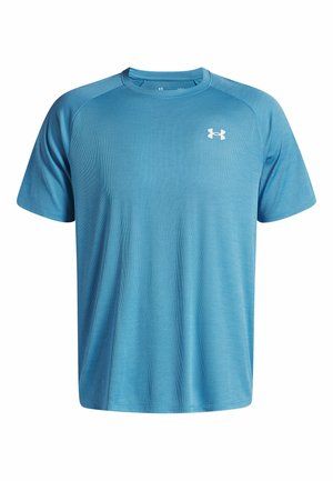 Blaues kurzärmeliges Sportshirt aus strukturiertem Stoff, Rundhalsausschnitt und weißem Logo auf der linken Brustseite. Gerader Saum.