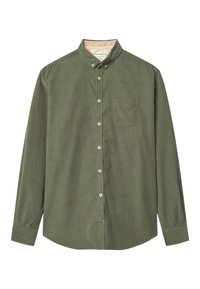 Camicia a maniche lunghe, con bottoni, di colore verde oliva, realizzata in tessuto testurizzato, con una piccola tasca sul petto e un colletto classico.