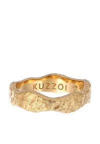 Gold-tone ring with a textured, wavy surface. Inside engraving reads "KUZZOI." Material appears to be metal with a shiny finish.