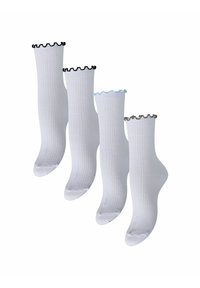 Quatre chaussettes blanches côtelées avec des bordures à volants en noir, bleu et gris, présentées sur un fond blanc.
