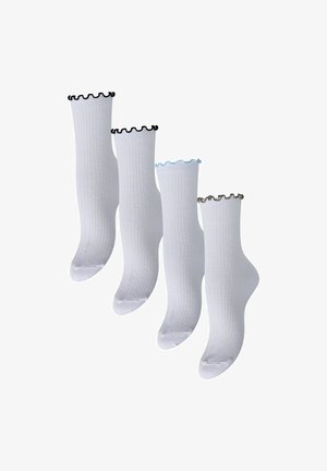 Quattro calzini bianchi a coste con bordi arricciati nei colori nero, blu e grigio, esposti su uno sfondo bianco.