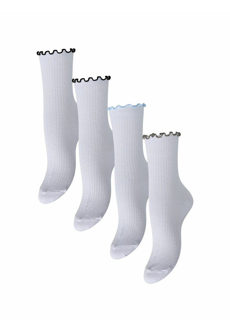 Quatre chaussettes blanches côtelées avec des bordures à volants en noir, bleu et gris, présentées sur un fond blanc.