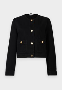 Veste noire cropped en coton, dotée d'un col rond, de boutons dorés et de deux poches à l'avant avec fermetures à bouton.