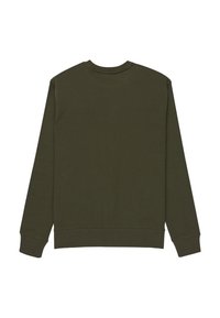 Felpa a maniche lunghe colore verde oliva, con scollo rotondo, polsini e orlo a costine. Mostrata da dietro su uno sfondo bianco.