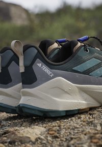 Close-up of a pair of blue and gray Adidas Terrex trail running shoes on rocky outdoor terrain.