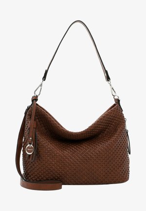 Sac à épaule en cuir tressé marron avec fermoirs argentés, une longue bandoulière réglable et un pompon orné d'une étiquette Tamaris.