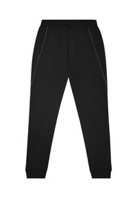 Zwarte trainingsbroek van zachte stof, met een verstelbare tailleband, twee zijzakken en contrasterende grijze piping langs de naden.