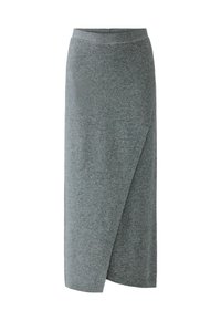 Jupe en tricot grise fabriquée en tissu doux. Elle présente une taille haute et un design ajusté et fuselé avec une fente latérale pour plus de liberté de mouvement.