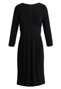 Mustapuku, jossa on pitkät hihat, pyöreä kaula-aukko ja vetoketju takana. Ominaisuuksiin kuuluu istuva vyötärö ja virtaava hame. Suuri tekstuuri.