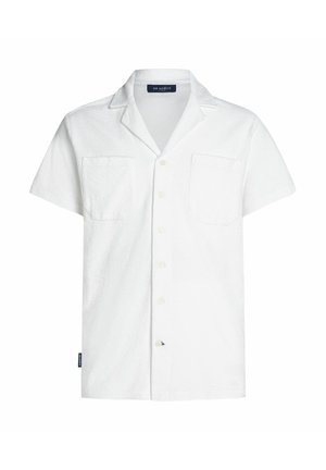 White short-sleeve shirt made of textured fabric, featuring a collared neckline, two chest pockets, and button front closure.