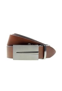 Brauner Leder-Gürtel mit einer rechteckigen Schnalle in metallischem Silber und einem eleganten Design. Die Textur ist glatt mit einer polierten Oberfläche.