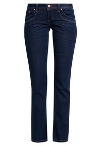 Jeans in denim blu scuro con taglio dritto, cinque tasche e cuciture arancioni a contrasto. Realizzati in tessuto morbido e leggero.