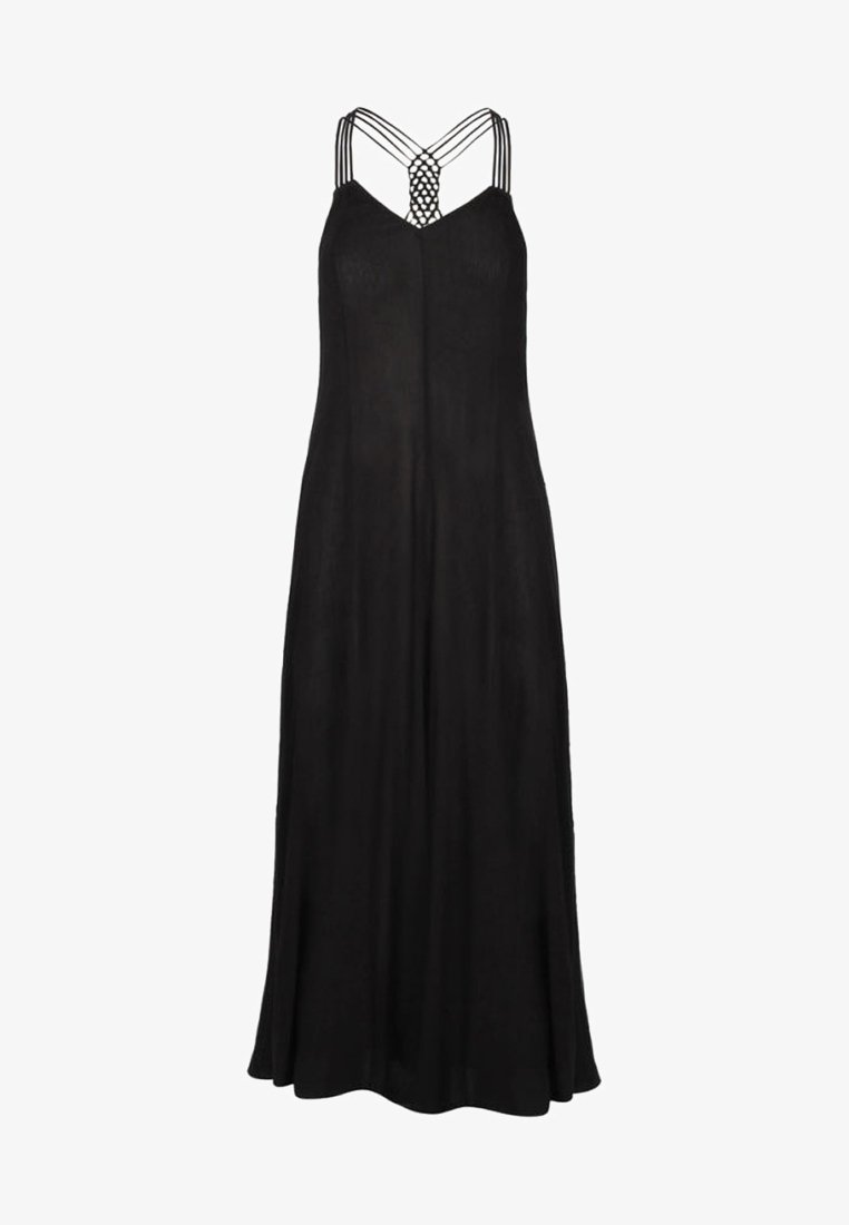 Robe maxi noire sans manches avec un corsage ajusté, une jupe évasée et des bretelles croisées décoratives au niveau du décolleté.