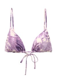 Top bikini in tie-dye viola con forma triangolare, spalline regolabili e chiusura a nodo al centro. Tessuto morbido.