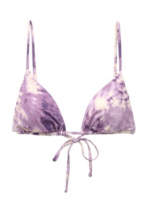 Lila Batik-Bikini-Oberteil in dreieckiger Form, mit verstellbaren Trägern und einer Bindeschlaufe in der Mitte. Glatte Stofftextur.