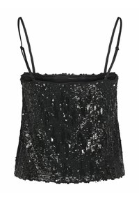 Top nero in paillettes con spalline sottili e regolabili. Presenta una vestibilità ampia e una superficie luccicante creata da paillettes sovrapposte.