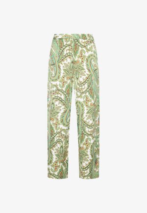 Spodnie szerokie w kwiatowy wzór w kolorze zielonym i beżowym, wykonane z lekkiego materiału. Posiadają elastyczny pasek w talii oraz zwiewny krój.